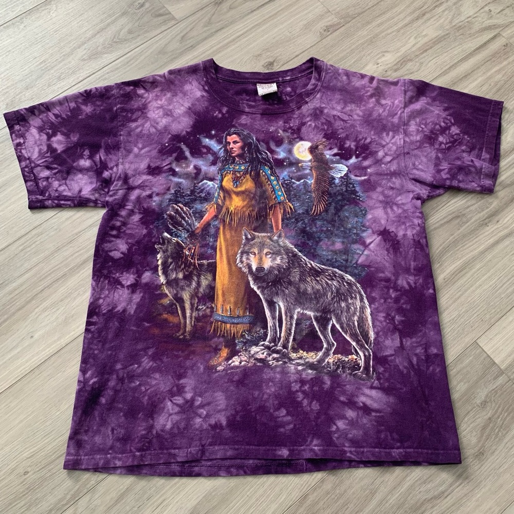 Desert Wash Purple Tie-Dye Native American Woman w/Wolves T-shirt